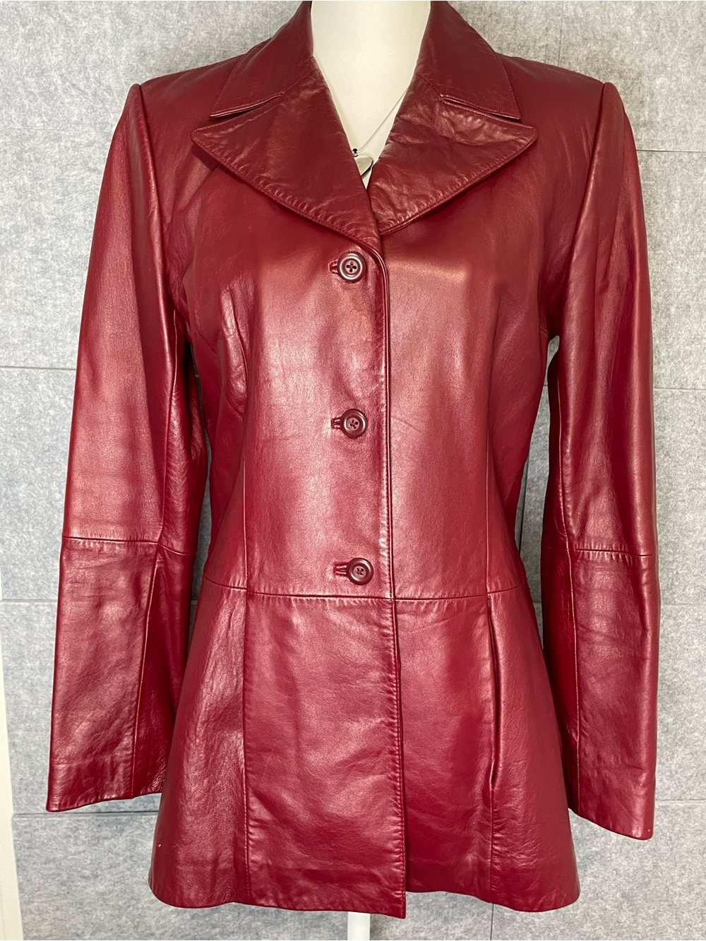 Vintage Burgundy Real Leather Button Front Blazer Jacket Y2K Whimsigoth